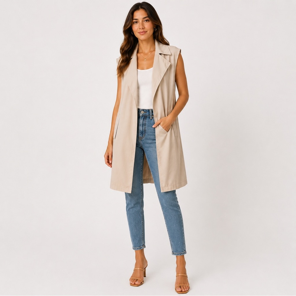 Tahari Sleeveless Long Trench Vest in Beige